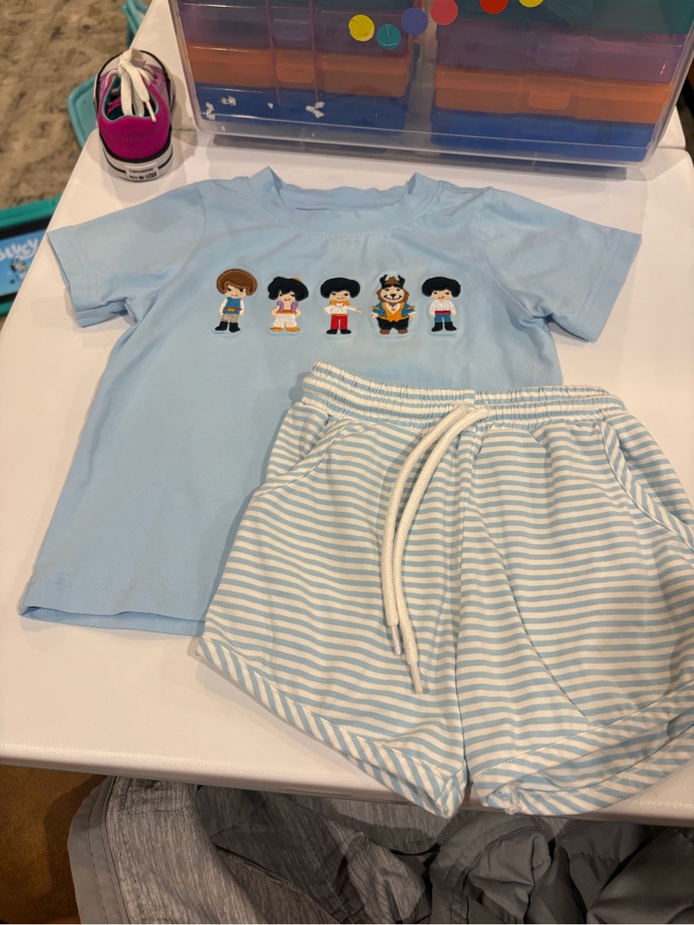 Kids Light Blue Character Tee & Striped Shorts Pajama Set - Unbranded
